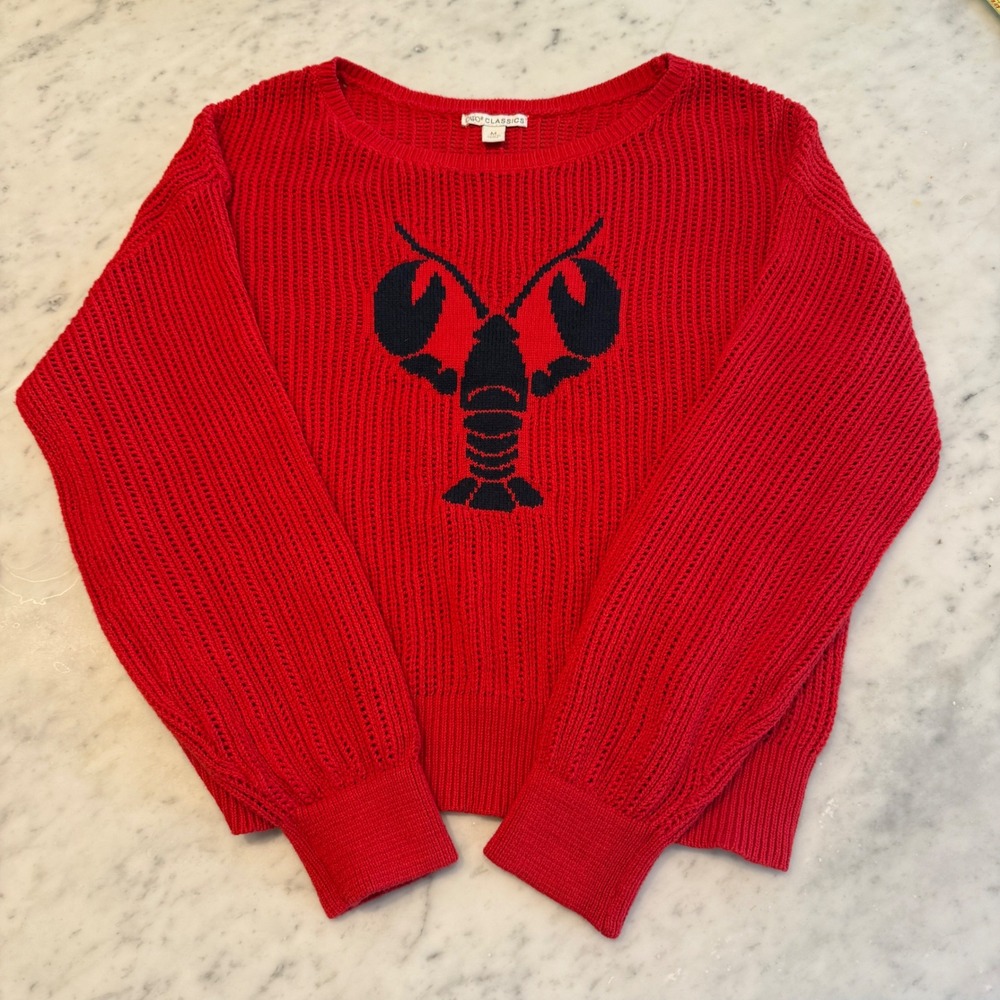 Red Lobster Graphic Ribbed Knit Sweater Womens M Balloon Sleeve